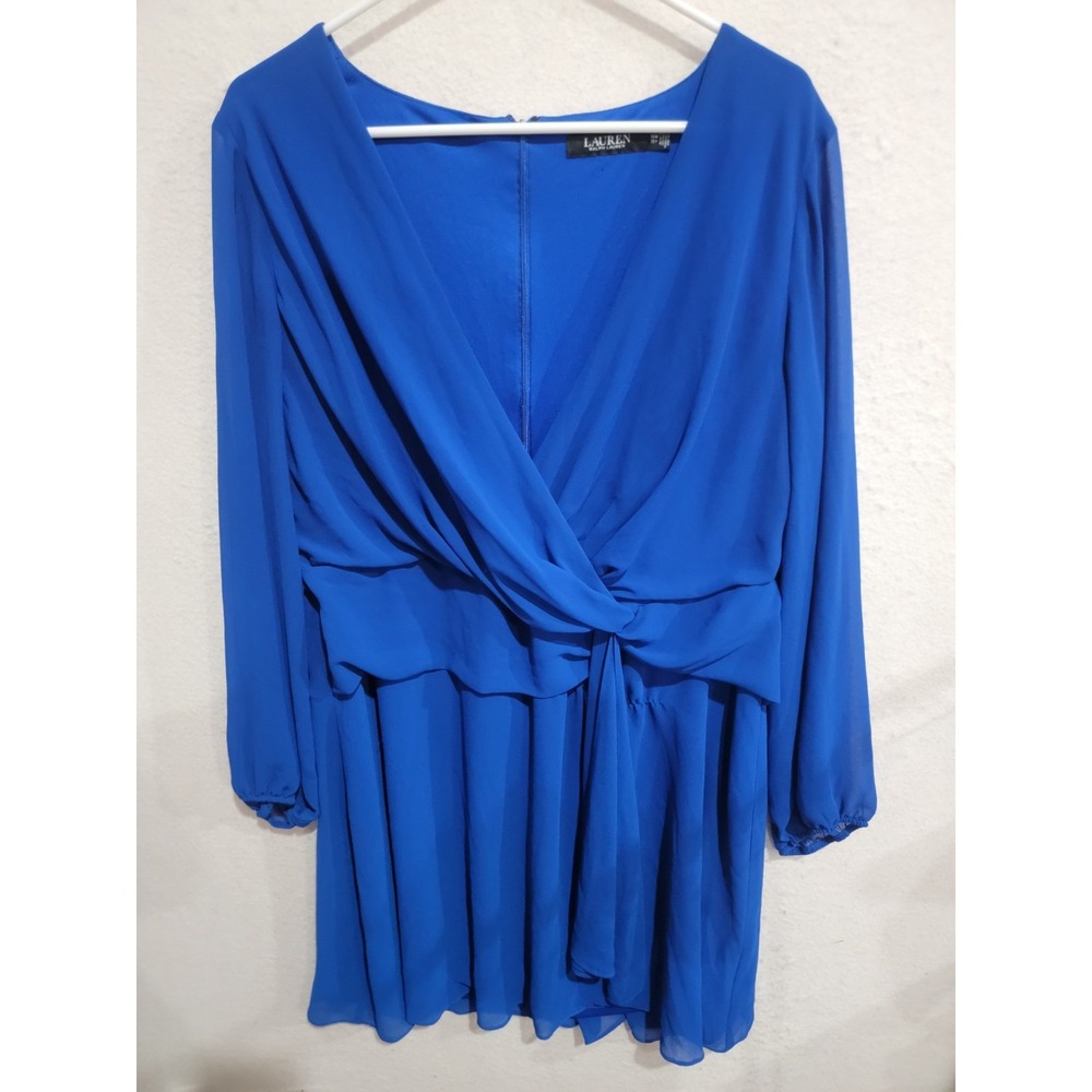 Lauren Ralph Lauren 14W Royal Blue Georgette Wrap Dress Elegant Career Event